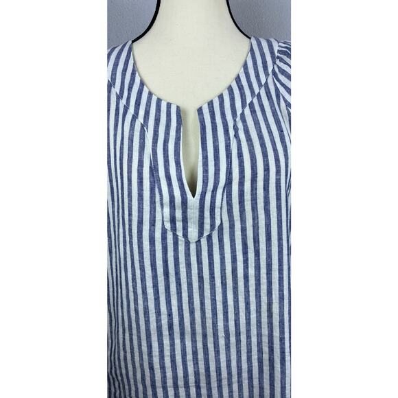 J Crew Sz M V Neck Flutter Sleeve Blue Striped 100% Linen Top - Picture 2 of 9